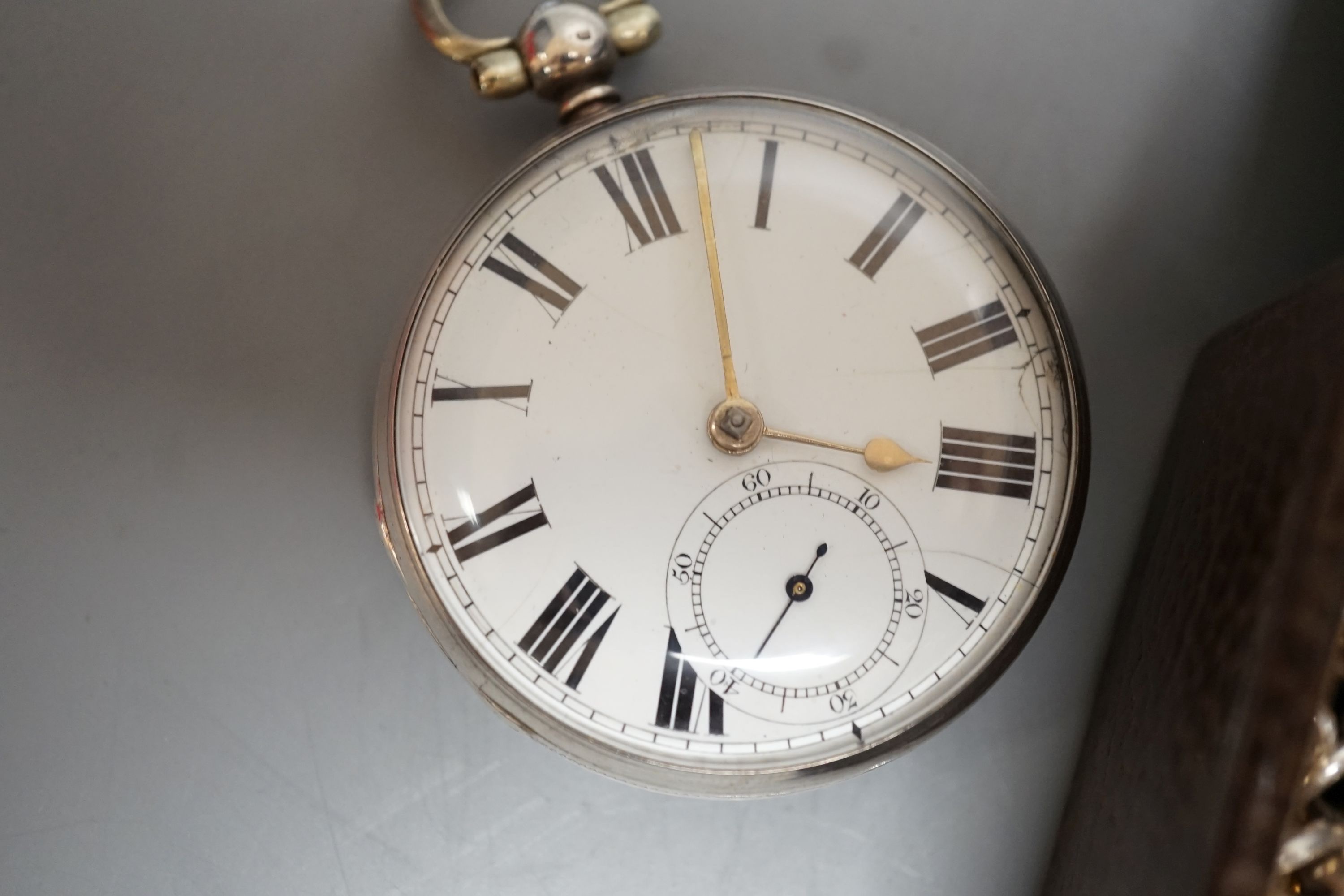A Victorian silver open face pocket watch, with Roman dial, a metal albert and various gold plated cufflinks, watch key and white metal and agate ring.